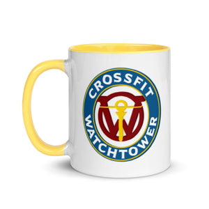 CrossFit Watchtower Coffee Mug with white with logo outer and yellow interior handle left