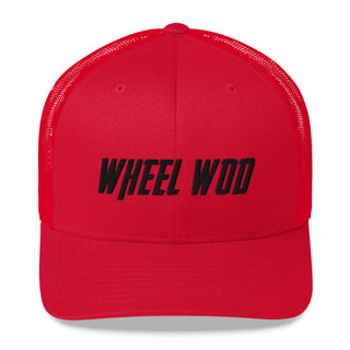 Red WheelWOD Trucker Hat on a white background