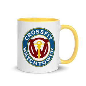 CrossFit Watchtower Coffee Mug with white with logo outer and yellow interior handle right
