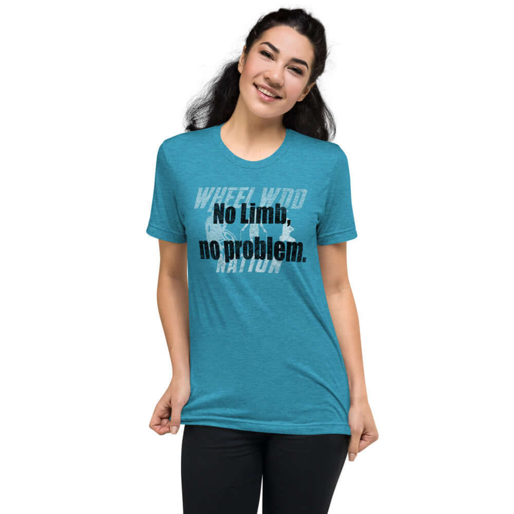 Baby Blue T-Shirt that states "No Limb No Problem" in black with a white image ghosted in the background