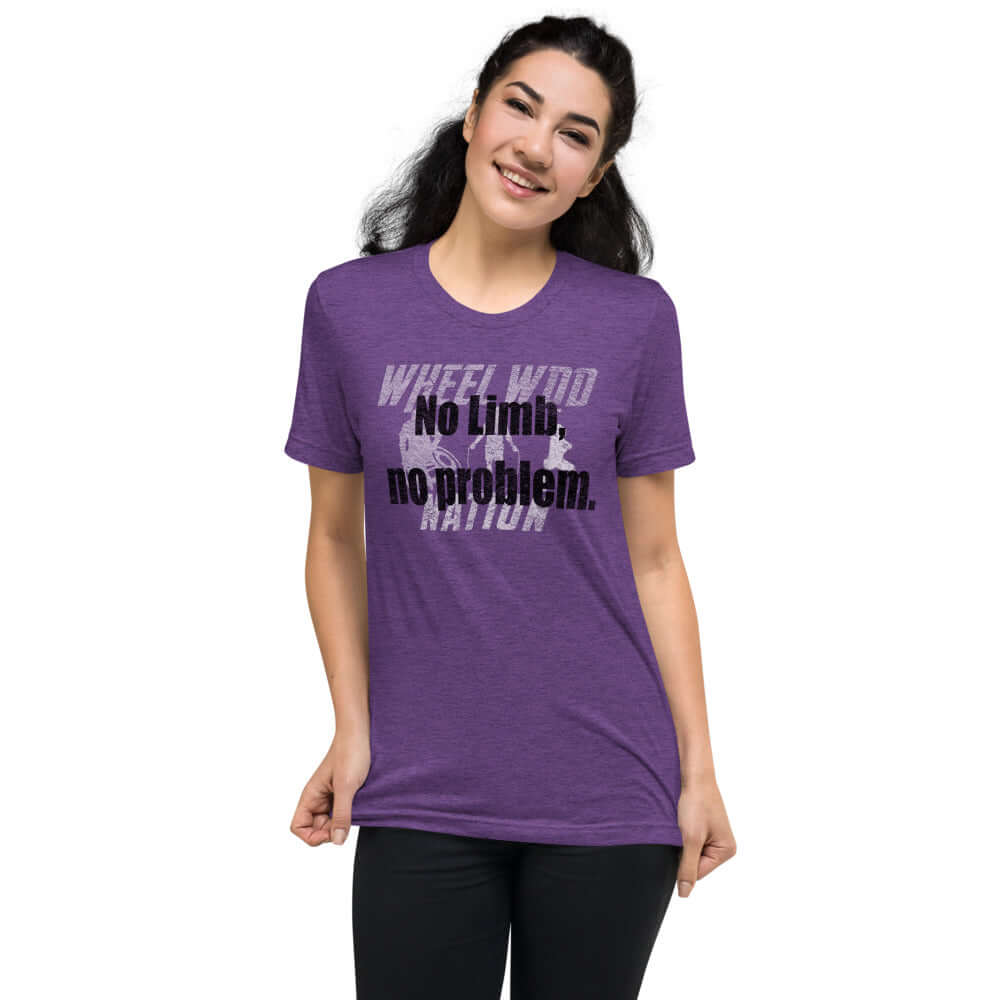 Purple T-Shirt that states "No Limb No Problem" in black with a white image ghosted in the background